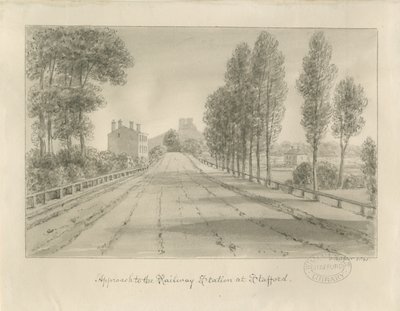 Stafford - Approach to Railway Station: sepia-tegning av John Buckler