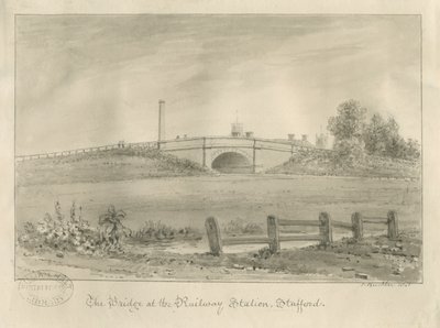 Stafford - Bridge at Railway Station: sepia-tegning, 1841 av John Buckler