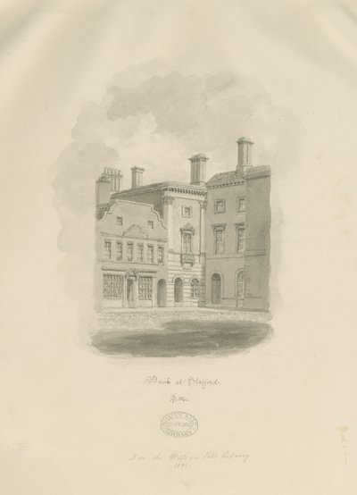 Stafford - Old Bank in Market Square: sepia-tegning av John Buckler