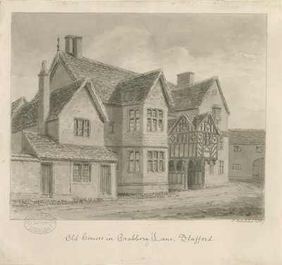 Stafford - Old Houses in Crabbery Lane: sepia-tegning av John Buckler