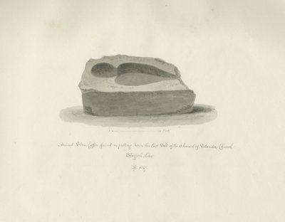 Standon kirke: eldgammel steinkiste: sepia-tegning, 1847 av John Buckler