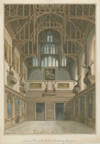 Sussex - Cowdray House - Interiør i Hall av John Buckler
