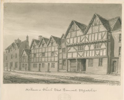 Tamworth - Old Houses in Church Street: sepia vasketegning, 1838 av John Buckler