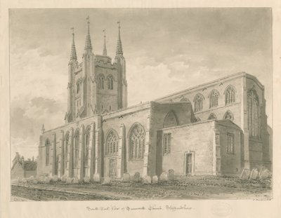 Tamworth Church: sepia vask tegning av John Buckler
