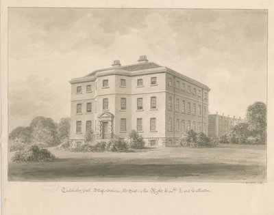 Teddesley Hall: sepia vasketegning, 1841 av John Buckler
