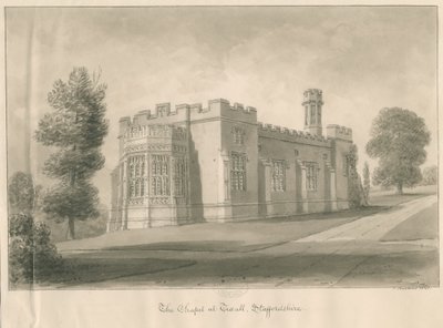 Tixall - Kapell i Tixall Hall: sepia vask tegning av John Buckler