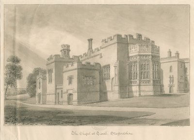 Tixall - Kapell i Tixall Hall: sepia vasketegning, 1841 av John Buckler