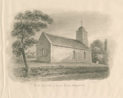 Tixall kirke: sepia vasketegning, nd [?1841] av John Buckler