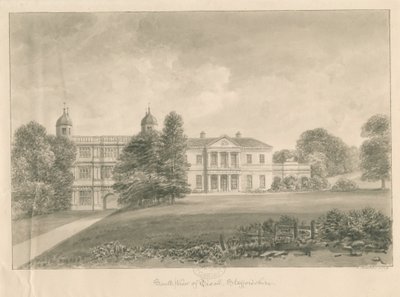Tixall Hall and Gatehouse: sepia vasketegning, 1842 av John Buckler