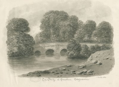 Trentham Hall - Bridge: sepia vasketegning, 1844 av John Buckler