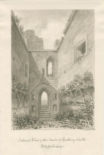 Tutbury Castle - Interiør av ruiner: sepia-vask-tegning av John Buckler