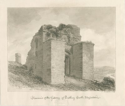 Tutbury Castle - Remains of the Gateway: sepia vask tegning av John Buckler
