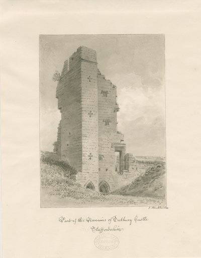 Tutbury Castle: sepia vask tegning av John Buckler