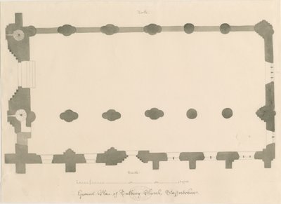 Tutbury Priory Church - Plan: blyant- og sepia-tegning, nd [?1812] (tegning) av John Buckler