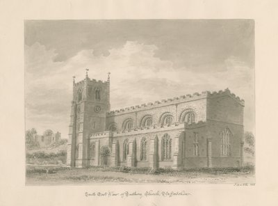 Tutbury Priory Church: sepia vasketegning, 1812 av John Buckler
