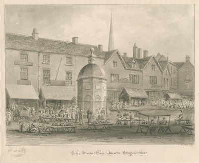 Uttoxeter Town - Market Place: sepia vask tegning av John Buckler
