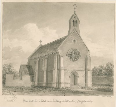 Uttoxeter Town - New Catholic Chapel: sepia-tegning av John Buckler