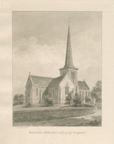 Walton-on-the-Hill Church: sepia vask tegning av John Buckler
