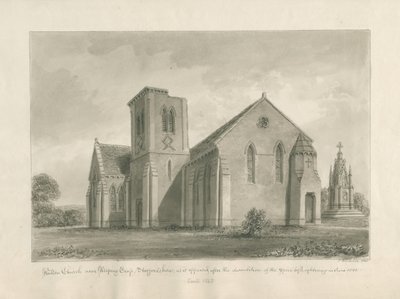 Walton-on-the-Hill Church: sepia vasketegning, 1844 av John Buckler