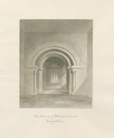Waterfall Church - Interiør av Chancel: sepia-tegning, 1847 av John Buckler