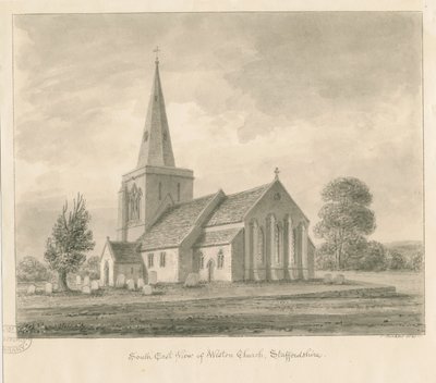 Weston-on-Trent Church: sepia-tegning, 1841 av John Buckler