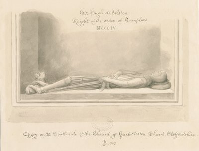 Weston-under-Lizard Church - Effigy of Sir Hugh de Weston: sepia-tegning, 1842 av John Buckler