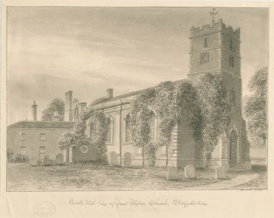 Weston-under-Lizard Church: sepia vask tegning av John Buckler