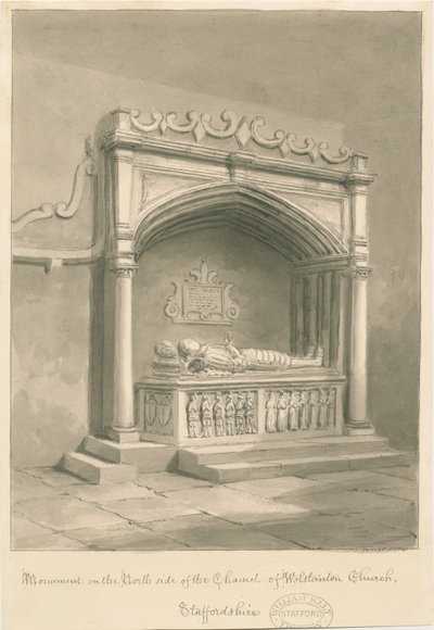Wolstanton Church - Monument: sepia vask tegning av John Buckler