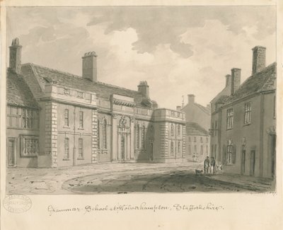 Wolverhampton - Grammar School: sepia-tegning, 1837 av John Buckler