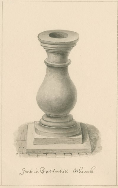 Worcestershire - Droitwich - Dodderhill Church Font: sepia-tegning, 1833 av John Buckler