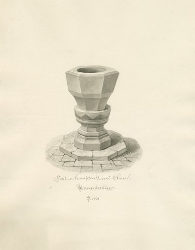 Worcestershire - Hampton Lovett Church - Font: sepia-tegning av John Buckler