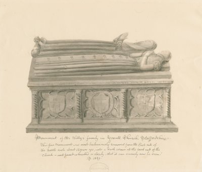 Yoxall Church - Monument over Wellys familie: sepia-tegning av John Buckler