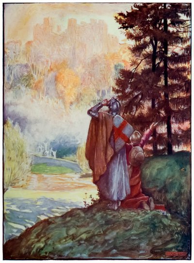 Kristne og håpefulle kommer i syne av den himmelske byen fra The Pilgrims Progress From This World, To That Who Is To Come av John Bunyan (1628-1688) Illustrasjon av Byam Shaw (1872-1919) av John Byam Liston Shaw