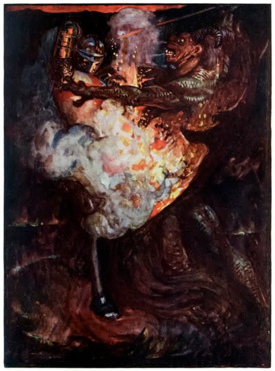 Christian slåss med Apollyon fra The Pilgrims Progress From This World, To That What Is To Come av John Bunyan (1628-1688) Illustrasjon av Byam Shaw (1872-1919) som viser kristne kjemper mot Apollyon av John Byam Liston Shaw