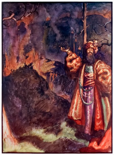 Demas fra The Pilgrims Progress From This World, To That What Is To Come av John Bunyan (1628-1688) Illustrasjon av Byam Shaw (1872-1919) som viser Demas som inviterer pilegrimene til å jobbe med sølvgruven av John Byam Liston Shaw