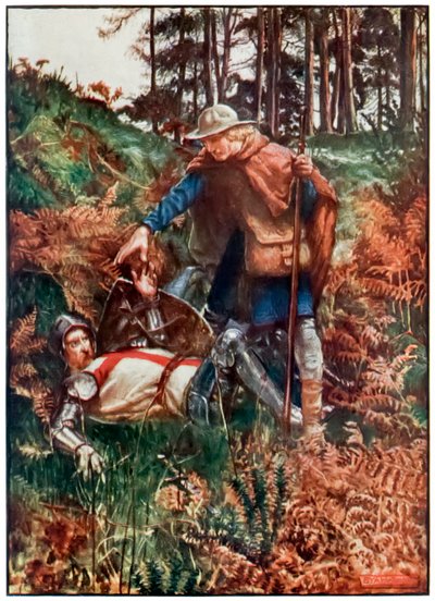 Faithful hjelper Christian opp etter hans fall fra The Pilgrims Progress From This World, To That Who Is To Come av John Bunyan (1628-1688) Illustrasjon av Byam Shaw (1872-1919) som viser kristen vesen av John Byam Liston Shaw
