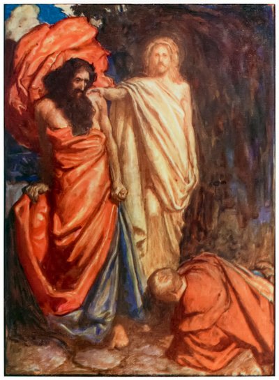 Faithful slått ned av Moses fra The Pilgrims Progress From This World, To That Who Is To Come av John Bunyan (1628-1688) Illustrasjon av Byam Shaw (1872-1919) som viser Faithful slått av en unmerc av John Byam Liston Shaw
