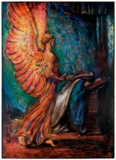 Sendebudet kommer til Christiana fra The Pilgrims Progress From This World, To That What Is To Come av John Bunyan (1628-1688) Illustrasjon av Byam Shaw (1872-1919), en engel ankommer og tilkaller Chri av John Byam Liston Shaw