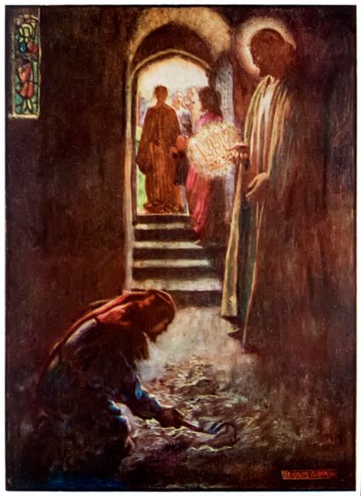 Mannen med muck-rake fra The Pilgrims Progress From This World, To That What Is To Come av John Bunyan (1628-1688) Illustrasjon av Byam Shaw (1872-1919), I Tolkehuset kan mannen av John Byam Liston Shaw