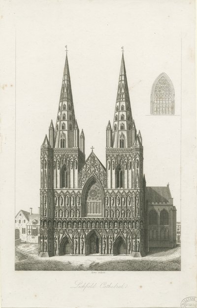 Lichfield Cathedral - West Front: gravering og [?tidlig 1800-tall] (trykk) av John Byrne