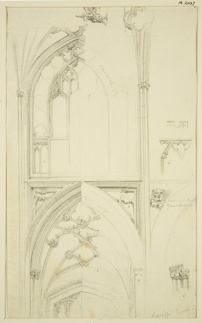 Detaljer om Clerestory Window Tracery og Vaulting of the Aisle nedenfor, i St Mary Redcliffe (blyant og akvarell på papir) av John Carter