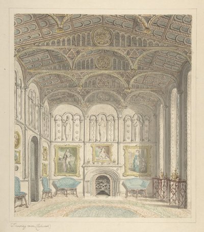 Salongen til Lea Castle, med utsikt mot vest, ca. 1816. av John Carter.
