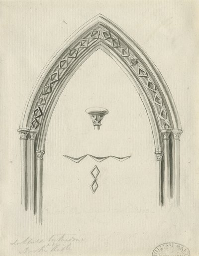 Interiør av Lichfield Cathedral - Arch in North Aisle: sepia-tegning, nd [?19th cent] (tegning) av John Carter