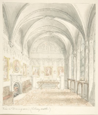 Lea Castle, Worcestershire, spisestue med utsikt mot sør, ca. 1816. av John Carter.