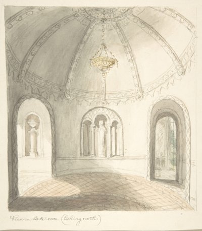 Lea Castle, Worcestershire, utsikt i forrommet, ser nordover, ca. 1816. av John Carter.