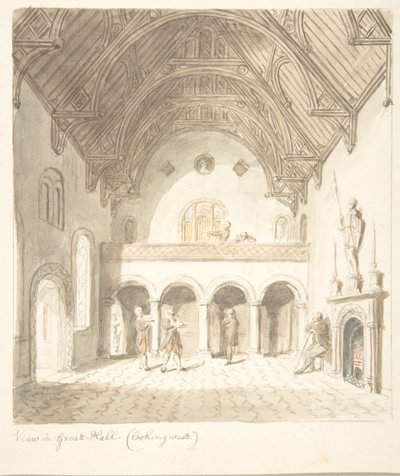 Lea Castle, Worcestershire, Utsikt i Great Hall, Looking West, ca. 1816. av John Carter.
