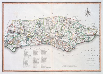 Kart over Sussex, 26. mars 1805 (håndfarget gravering) av John Cary