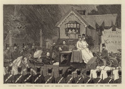 General Sir E Woods velkomsthjem i Belhus, Essex, leser adressen ved Park Gates av John Charles Dollman