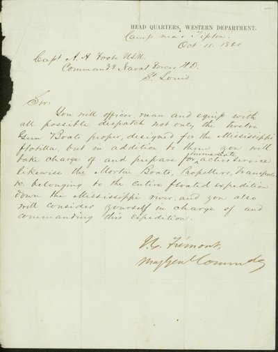 Brev signert J.C. Fremont, generalmajor, kommandoer i hovedkvarteret, Western Department, leir nær Tipton, til kaptein A.H. Foote, U.S.N. Kommanderende marinestyrker H.D., St. Louis, 11. oktober 1861 av John Charles Frémont