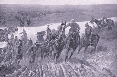 Artilleri som forser kaledonen ved Karreepoort Drift, illustrasjon fra After Pretoria: The Guerilla War, 1902 av John Charlton